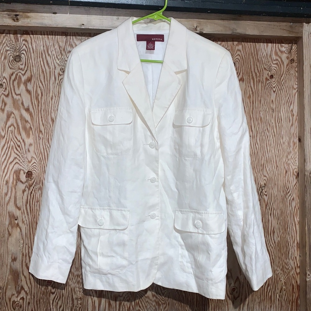 Vintage Merona linen white lined 3 button-up Utility pockets over coat Sz L